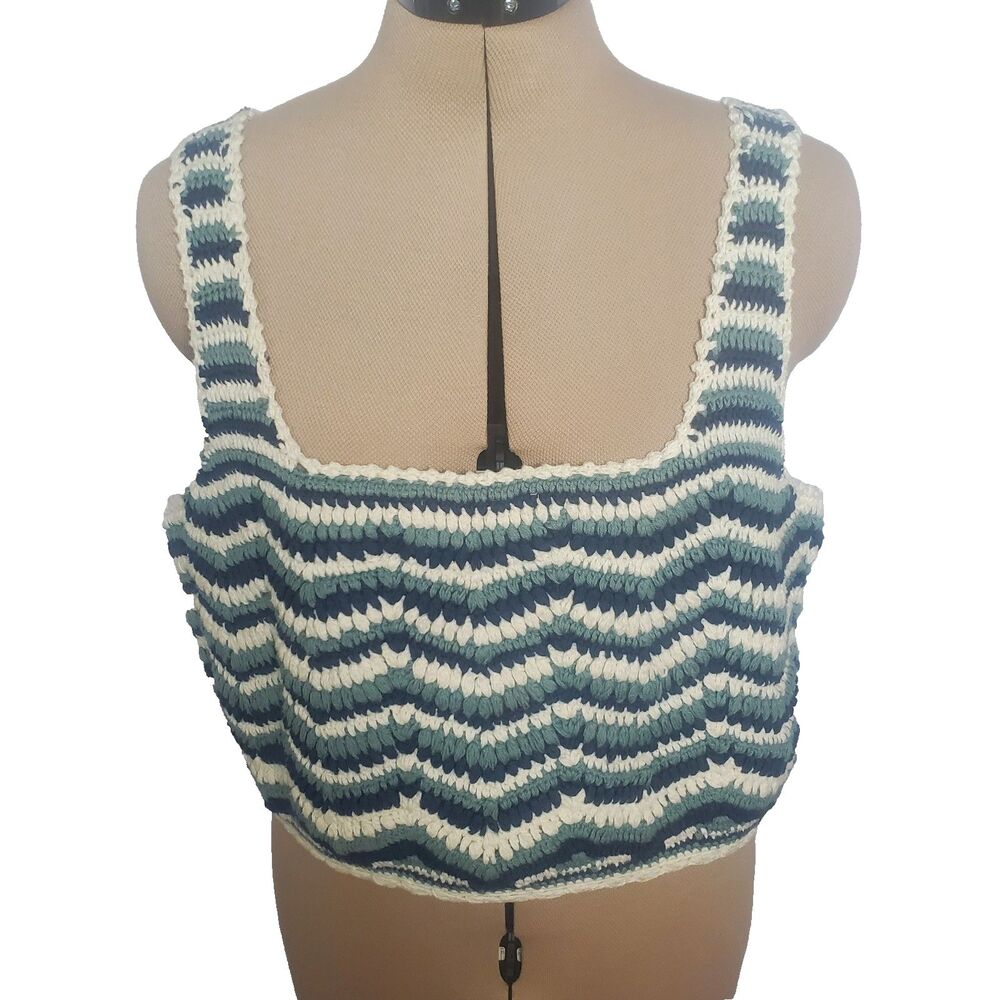 Lucky Brand Women's Crochet Tank Top Size Large Blue White Stripe 100% Cotton
